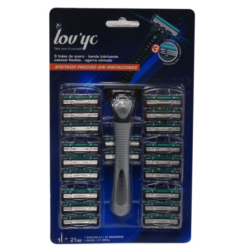 LOVYC MAQUINILLA AFEITAR + 21 RECAMBIOS 3 HOJAS HOMBRE C/10 HOJAS DE AFEITAR Y CARGADORES