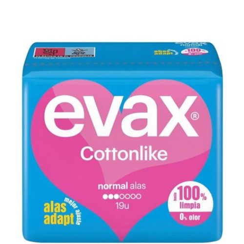 EVAX COTTONLIKE NORMAL ALAS 19 UNDS C/16 COMPRESAS Y TAMPONES