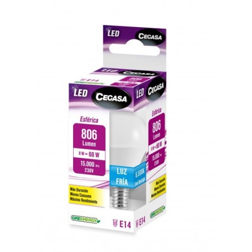 CEGASA LED BOMB. ESF 8W E-14 806 6500K CAJA LUZ FRIA C/6 BOMBILLAS