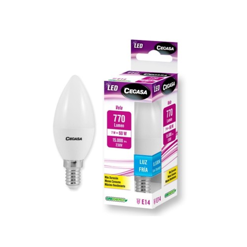 CEGASA LED BOMB.VELA 7W E-14 770 6500K LUZ FRIA C/6 BOMBILLAS