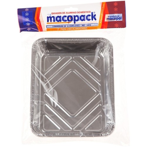MACOPAL BANDEJA ALUM. 12 PIEZAS 3 UDNS 226 X176X35 C/24 PAPEL ALUMINIO Y FILM