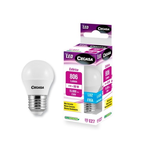 CEGASA LED BOMB.ESF. 8W LUZ FRIA E27 806 6500K  C/6
 BOMBILLAS